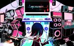 1girl absurdres arcade_cabinet arrow_(symbol) bemani buttons cable colorful cube english_text facing_away highres index_finger_raised light_particles long_hair long_sleeves mitsu3_haya pop&#039;n_music solo speaker 