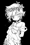  1boy antenna_hair basil_(omori) black_background flower flower_on_head highres llll_nnmn looking_at_viewer male_focus off_shoulder omori otoko_no_ko overalls simple_background smile solo upper_body 