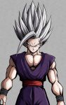 1boy act_(act_1113) biceps black_outline black_wristband closed_mouth commentary_request dougi dragon_ball dragon_ball_super dragon_ball_super_super_hero frown gohan_beast grey_background grey_hair highres looking_at_viewer male_focus muscular muscular_male outline pants pectorals purple_pants red_eyes red_sash sash serious simple_background solo son_gohan spiky_hair v-shaped_eyebrows wristband 