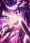  +_+ 1girl absurdres blurry_edges blush close-up fingernails hair_between_eyes highres holding holding_microphone hoshino_ai_(oshi_no_ko) microphone neon_palette nose_blush open_mouth oshi_no_ko pink_nails pink_shirt pointing pointing_at_viewer purple_hair shirt smile sparkle sparkling_eyes sweat sweatdrop symbol-shaped_pupils violet_eyes vvpxo 
