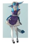  1girl :3 absurdres animal_ears animal_nose apron arms_at_sides bell black_footwear blue_background blue_eyes blue_hair blush border bow breasts bright_pupils collared_shirt commentary dress english_commentary frilled_apron frilled_dress frills furry furry_female garter_straps glaceon gloves gu_deulmok hair_bow happy head_scarf highres jingle_bell looking_at_viewer maid_apron maid_headdress medium_hair neck_bell neck_ribbon open_mouth outside_border pokemon pokemon_(creature) puffy_short_sleeves puffy_sleeves purple_apron purple_bow red_ribbon ribbon shirt shoes short_dress short_sleeves sidelocks simple_background single_glove small_breasts smile solo tail teeth thigh-highs white_border white_bow white_dress white_gloves white_headwear white_pupils white_thighhighs 