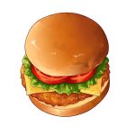  artist_name burger cheese dated food food_focus fried_chicken highres lettuce meikitefuka no_humans original realistic simple_background still_life tomato tomato_slice white_background 