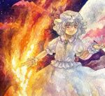  1girl absurdres amulet bat_(animal) commentary_request copyright_name fire frilled_sleeves frills hat highres holding_flame looking_at_viewer mob_cap moon night painting_(medium) remilia_scarlet shiroma_(mamiko) short_sleeves touhou traditional_media watercolor_(medium) 
