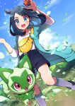  1girl :d absurdres arm_up black_hair black_shorts blush clouds coat commentary_request cowlick day eyelashes falling_leaves green_coat hair_ornament hairclip hand_up highres holding holding_poke_ball jewelry leaf liko_(pokemon) necklace open_clothes open_coat open_mouth outdoors poke_ball poke_ball_(basic) pokemon pokemon_(anime) pokemon_horizons pon_yui shirt shoes shorts sky sleeves_past_elbows smile socks sprigatito standing white_shirt yellow_bag 