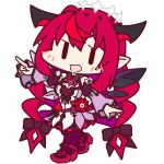  1girl :d brooch chibi crystal_wings demon_horns detached_sleeves dress frilled_dress frills full_body halo hand_up hololive horns irys_(2nd_costume)_(hololive) irys_(hololive) jewelry long_hair multicolored_hair official_art pointing pointing_to_the_side pointy_ears purple_hair purple_thighhighs red_footwear redhead smile solo thigh-highs transparent_background two-tone_hair virtual_youtuber wide_sleeves |_| 