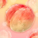  artist_name food food_focus fruit gradient_background highres mitomaton no_humans original peach pink_background realistic still_life twitter_username water_drop yellow_background 