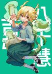  1girl antlers arm_up chinese_text copyright_request dragon_tail green_background green_shirt green_skirt highres horns kicchou_yachie kneehighs looking_at_viewer mary_janes otter red_eyes shirt shoes short_sleeves skirt socks tail yuejinlin 