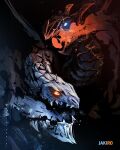  artist_name black_background blue_eyes character_name dota_(series) dragon english_commentary highres jakiro_(dota) no_humans open_mouth red_eyes scorpionork solo 