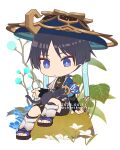  1boy animal animal_ears artist_name belt black_belt black_footwear black_fur black_gloves black_hair black_shirt black_shorts black_socks blue_cape blue_flower blue_gemstone blue_headwear blunt_ends branch cape cat cat_ears cat_tail chibi chinikuniku closed_eyes closed_mouth dated eyeshadow fingerless_gloves flower gem genshin_impact gloves gold_trim hand_up hat jewelry jingasa leaf leg_warmers looking_down lying lying_on_person makeup on_stomach open_clothes open_vest parted_bangs purple_belt red_eyeshadow ring sandals scaramouche_(cat)_(genshin_impact) scaramouche_(genshin_impact) shirt short_hair short_sleeves shorts simple_background sitting sleeping sleeveless sleeveless_shirt socks tail vest violet_eyes vision_(genshin_impact) wanderer_(genshin_impact) watermark white_background white_flower white_vest 