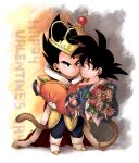  2boys armor black_hair blue_bodysuit bodysuit boots bouquet carrying carrying_person chest_armor child closed_mouth crown dougi dragon_ball dragon_ball_z flower gloves highres holding holding_bouquet looking_at_another male_child male_focus monkey_tail multiple_boys princess_carry rose saiyan_armor scharlachrotn short_hair son_goku spiky_hair tail vegeta white_gloves 
