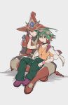  double_iris_magician duel_monster dyed_bangs expressions full_body goggles goggles_on_head green_hair green_pants hand_on_another&#039;s_cheek hand_on_another&#039;s_face hat highres jewelry male_focus multicolored_hair orange_shirt pants pendant redhead sakaki_yuuya shirt sitting sitting_on_lap sitting_on_person two-tone_hair wizard wizard_hat wudu_c yu-gi-oh! yu-gi-oh!_arc-v 