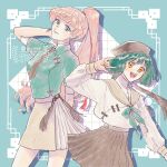  2girls \m/ black_headwear black_necktie blonde_hair blue_eyes breasts brown_skirt collared_shirt commentary earrings floating_hair green_hair green_ribbon green_shirt hair_ribbon head_tilt highres jewelry karin_(w_1529) long_hair looking_at_viewer macross macross_frontier medium_breasts multiple_girls nail_polish necktie open_mouth orange_nails ponytail ranka_lee red_ribbon ribbon sailor_collar sheryl_nome shirt short_hair single_earring skirt smile symbol-only_commentary very_long_hair white_shirt 