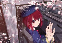  1girl absurdres arima_kana beret black_bow blackwhite_wind blue_headwear blue_jacket blush bow bus cherry_blossoms collared_shirt commentary_request grey_skirt hand_on_glass hat highres jacket long_sleeves motor_vehicle oshi_no_ko parted_lips pink_bow red_eyes redhead school_uniform shirt short_hair skirt solo white_shirt 