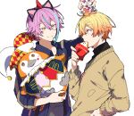  2boys aqua_hair asymmetrical_bangs blonde_hair closed_mouth earrings gradient_hair highres holding holding_stuffed_toy hoshi-toge jewelry kamishiro_rui long_sleeves male_focus multicolored_hair multiple_boys orange_eyes orange_hair phenny_(project_sekai) project_sekai purple_hair short_hair streaked_hair stuffed_toy tenma_tsukasa upper_body white_background yellow_eyes 