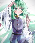  1girl asymmetrical_hair blue_vest bright_pupils green_eyes green_hair highres long_sleeves looking_at_viewer looking_to_the_side medium_hair open_mouth shiki_eiki solo spam_(spamham4506) touhou upper_body v vest white_pupils wide_sleeves 