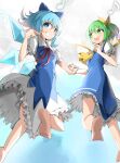  2girls absurdres ascot barefoot bloomers blue_background blue_bow blue_dress blue_eyes blue_hair bow bright_pupils cirno commentary daiyousei detached_wings dress fairy_wings green_eyes green_hair hair_bow highres holding_hands ice ice_wings looking_at_another looking_at_viewer multiple_girls musical_note open_mouth short_hair short_sleeves side_ponytail spam_(spamham4506) symbol-only_commentary touhou underwear white_pupils wings yellow_ascot yellow_bow 
