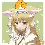  1girl animal_ears arknights bidiu_(the_legend_of_luoxiaohei) blonde_hair blue_hairband blush cardigan commentary_request crossover dr.lamina fox_ears fox_girl frilled_hairband frills green_background green_eyes hair_ornament hair_scrunchie hairband long_hair luo_xiaohei_zhanji multicolored_hair neck_ribbon official_alternate_costume on_head open_cardigan open_clothes open_mouth red_ribbon ribbon scrunchie shirt solo suzuran_(arknights) suzuran_(spring_praise)_(arknights) teeth two-tone_hair upper_body upper_teeth_only white_hair yellow_cardigan yellow_shirt 