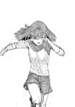  1boy androgynous closed_eyes commentary_request greyscale kimidake long_sleeves male_focus medium_hair monochrome motion_lines nagisa_(kimidake) open_mouth original running shorts smile solo 