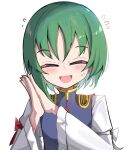  1girl :d asymmetrical_hair closed_eyes commentary epaulettes facing_viewer flying_sweatdrops green_hair highres juliet_sleeves long_sleeves looking_at_viewer open_mouth own_hands_together puffy_sleeves shiki_eiki short_hair simple_background smile solo spam_(spamham4506) touhou upper_body white_background 