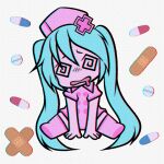  1girl @_@ aqua_hair bandaid capsule chibi chromatic_aberration cryptidhermit dizzy_(feeling) dress drooling english_commentary hat hatsune_miku long_hair mouth_drool nurse nurse_cap pill pink_dress pink_footwear pink_headwear sitting solo twintails very_long_hair vocaloid white_background 