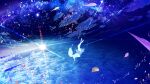  1girl absurdres blue_theme clouds dress falling highres long_hair makoron117117 midair original petals scenery sky solo space star_(sky) starry_sky sun sunset 