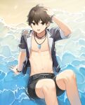  1boy ahoge arm_support bare_legs bare_pectorals beach black_eyes black_hair black_shirt black_shorts boutonniere bracelet closers feet_out_of_frame floral_print flower frown hair_between_eyes hand_on_own_head highres jewelry navel necklace ocean official_art on_floor open_clothes open_mouth open_shirt pectorals sand seha_lee shirt short_hair short_sleeves shorts sitting soaking_feet solo stomach wet wet_clothes wet_face wet_shirt white_flower 