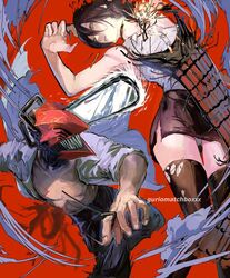  1boy 1girl black_choker black_hair black_skirt black_thighhighs chainsaw chainsaw_man choker collared_shirt denji_(chainsaw_man) explosion facing_to_the_side grenade_pin guri_otoko hair_between_eyes highres looking_at_viewer miniskirt open_clothes parted_lips red_background reze_(chainsaw_man) sharp_teeth shirt short_hair skirt sleeveless smile smoke teeth thigh-highs white_shirt 