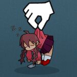  1girl blue_background braid brown_hair closed_eyes cryptidhermit cursor english_commentary hand_cursor holding holding_knife knife long_hair madotsuki minigirl pink_sweater pleated_skirt purple_skirt red_footwear shadow skirt sleeping socks solo sweater twin_braids white_socks yume_nikki zzz 