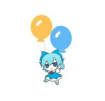  1girl balloon blue_bow blue_dress blue_footwear blue_hair bow cirno closed_mouth commentary_request dress full_body fumo_(doll) hair_bow looking_at_viewer rei_(tonbo0430) short_hair short_sleeves smile solo touhou 