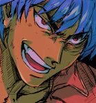  1boy black_background blue_hair close-up collared_shirt commentary_request fang furrowed_brow hatching_(texture) highres looking_ahead male_focus muscular muscular_male open_mouth scar scar_on_cheek scar_on_face shirt simple_background solo toriko toriko_(series) wakana_kuraguchi 