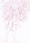  1girl absurdres bare_shoulders barefoot blush dress flat_chest flower food fruit hair_ornament hand_to_own_mouth highres holding holding_food holding_fruit kaede_(shijie_heping) long_hair looking_at_viewer lying monochrome on_back original peach petals sketch solo strapless strapless_dress toes traditional_media twintails 