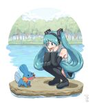  1girl aqua_eyes aqua_hair aqua_nails artist_name boots bush commentary crossover dated detached_sleeves digiral hatsune_miku headphones highres long_hair looking_at_another mudkip open_mouth pokemon pokemon_(creature) signature squatting thigh_boots tree twintails vocaloid 