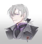 1boy ascot black_ascot black_bow bow brooch chiutina fangs fredo_von_ejellan grey_hair hair_between_eyes hair_bow jewelry looking_at_viewer lout_of_count&#039;s_family male_focus pointy_ears ponytail simple_background upper_body vampire violet_eyes white_background 