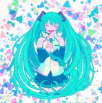  1girl bibibimix39 black_skirt blue_hair blue_necktie closed_eyes detached_sleeves hatsune_miku long_hair microphone multicolored_background necktie open_mouth shirt skirt sleeveless smile solo twintails vocaloid white_shirt 