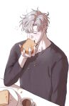  1boy blush bread closed_eyes cup eating food holding holding_food ilay_riegrow long_sleeves ma_nya_m male_focus mug passion_(manhwa) plate sandwich short_hair simple_background solo table toast white_background white_hair 