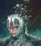  1boy armor blue_eyes blue_hair bubble ghiaccio glasses helmet highres in_water jojo_no_kimyou_na_bouken lips male_focus meron_nouka parted_lips short_hair solo stand_(jojo) vento_aureo wavy_hair white_album_(stand) 