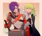  1boy 1girl armor black_cape breastplate byleth_(female)_(fire_emblem) byleth_(fire_emblem) cape commentary_request cooking enlightened_byleth_(female) fingerless_gloves fire_emblem fire_emblem:_three_houses fire_emblem_warriors:_three_hopes gauntlets gloves green_eyes green_hair hair_between_eyes hair_over_one_eye hand_on_own_hip long_hair looking_at_another looking_to_the_side nzmnnkk one_eye_covered orange_cape orange_gloves purple_hair shez_(fire_emblem) shez_(male)_(fire_emblem) short_hair shoulder_armor smile violet_eyes 