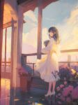  1girl absurdres black_hair bouquet building closed_mouth clouds dress evening flower full_body high_heels highres holding holding_bouquet indoors medium_hair original plant potted_plant saisho_(qpoujr) scenery sky solo standing white_dress white_footwear 