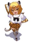  animal_ears arm_behind_head black_bow black_bowtie blonde_hair blush boots bow bowtie brown_hair center_frills footwear_bow frills from_above fur_collar hand_on_own_hip hatagaya jaguar_(kemono_friends) jaguar_ears jaguar_girl jaguar_print jaguar_tail kemono_friends looking_at_viewer multiple_girls open_mouth pleated_skirt print_skirt print_thighhighs shirt short_hair short_sleeves skirt smile t-shirt tail thigh-highs white_fur yellow_eyes zettai_ryouiki 