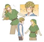  1boy 1girl belt blonde_hair blue_eyes blunt_ends blush borrowed_clothes closed_eyes cosplay costume_switch earrings green_headwear green_tunic hat highres jewelry link long_hair long_sleeves oversized_clothes phrygian_cap pointy_ears pointy_hat princess_zelda short_hair sidelocks smile sophie_(693432) the_legend_of_zelda the_legend_of_zelda:_skyward_sword tunic 