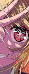  1girl absurdres blonde_hair close-up commentary eye_focus highres hoshino_ruby ligne_claire long_hair natsugu72 oshi_no_ko red_eyes smile solo sparkle star-shaped_pupils star_(symbol) symbol-shaped_pupils teeth v 