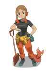  1girl boots breasts brown_hair closed_mouth clothes_around_waist eyelashes gloves green_eyes green_footwear hand_on_own_hip highres holding holding_shovel ia_(ilwmael9) looking_at_viewer multicolored_hair orange_pants orla_(pokemon) pants parted_bangs pokemon pokemon_(anime) pokemon_(creature) pokemon_horizons shirt short_sleeves shovel sidelocks slugma smile split_mouth standing t-shirt white_background 