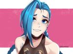  1girl arcane:_league_of_legends arcane_jinx arm_tattoo blue_eyes blue_hair braid collarbone commentary crying dootmoon english_commentary hair_over_one_eye jinx_(league_of_legends) league_of_legends long_hair low_twin_braids portrait solo streaming_tears tattoo tears twin_braids twitter_username 