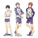  3boys black_hair blue_shorts fuyumi_jun green_eyes grey_eyes grey_hair hands_in_pockets headband idolmaster idolmaster_side-m legs male_focus map_(map_imas) multiple_boys orange_hair sakaki_natsuki shirt shoelaces shoes shorts sleeves_rolled_up sneakers socks wakazato_haruna white_background white_footwear white_headband white_shirt 