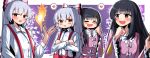  2girls absurdres anger_vein black_hair bow bright_pupils brown_eyes collared_shirt commentary english_commentary fire fujiwara_no_mokou hair_bow heart highres houraisan_kaguya long_hair long_sleeves multiple_girls multiple_views outline purple_background red_eyes shirt sidelocks spam_(spamham4506) spoken_anger_vein spoken_heart suspenders touhou upper_body white_outline white_pupils white_shirt wide_sleeves 