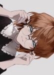  1girl black_shirt blue_eyes brown_hair collar commentary glasses grey_background haibara_ai highres holding holding_eyewear looking_at_viewer meitantei_conan nozz177 portrait shirt short_hair sideways simple_background smile solo white_collar 