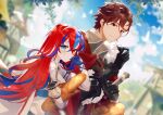  1boy 1girl aftergardens alear_(female)_(fire_emblem) alear_(fire_emblem) baguette black_gloves blue_eyes blue_hair blue_sky bread closed_mouth diamant_(fire_emblem) fire_emblem fire_emblem_engage food gloves hair_between_eyes highres holding holding_food long_hair long_sleeves multicolored_hair red_eyes redhead short_hair sky sword two-tone_hair weapon 