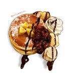  absurdres artist_name chocolate_syrup food food_focus highres mitomaton original pancake realistic simple_background still_life twitter_username whipped_cream white_background 