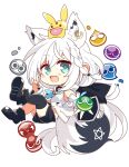  1girl 7:08 absurdres animal_ear_fluff animal_ears black_bow black_footwear black_shorts black_thighhighs blue_neckerchief blush bow braid carbuncle_(puyopuyo) chibi commentary_request detached_sleeves earrings extra_ears fang fox_ears fox_girl fox_shadow_puppet fox_tail green_eyes hair_between_eyes hair_bow highres hololive hood hoodie jewelry long_hair looking_at_viewer neckerchief open_mouth outstretched_arm puyo_(puyopuyo) puyopuyo_tetris shirakami_fubuki short_shorts shorts sidelocks simple_background single_braid single_thighhigh skin_fang tail thigh-highs virtual_youtuber white_background white_hair white_hoodie 