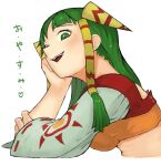 1girl akumesik breasts commentary feena_(grandia) grandia grandia_i green_eyes green_hair hair_ornament hair_tubes highres long_hair looking_at_viewer open_mouth simple_background smile solo white_background wide_sleeves 